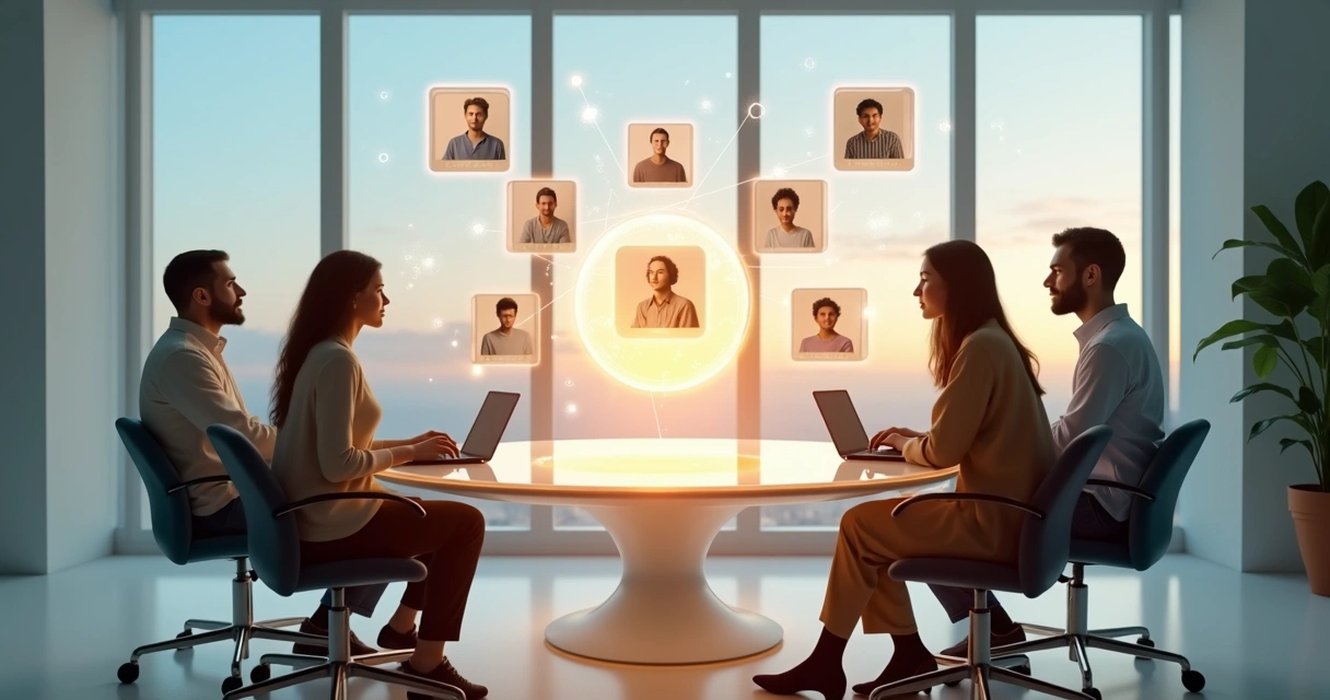 Equipe híbrida em círculo virtual em torno de mesa simbólica luminosa 