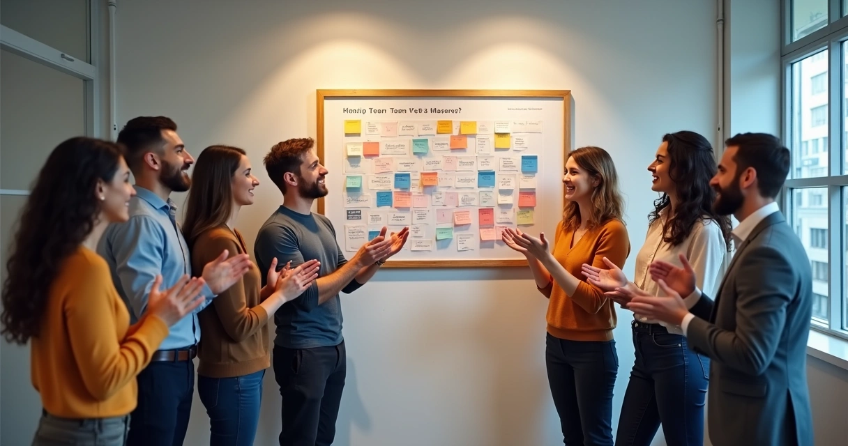 Equipe comemorando uma conquista, com um quadro de agradecimento no fundo