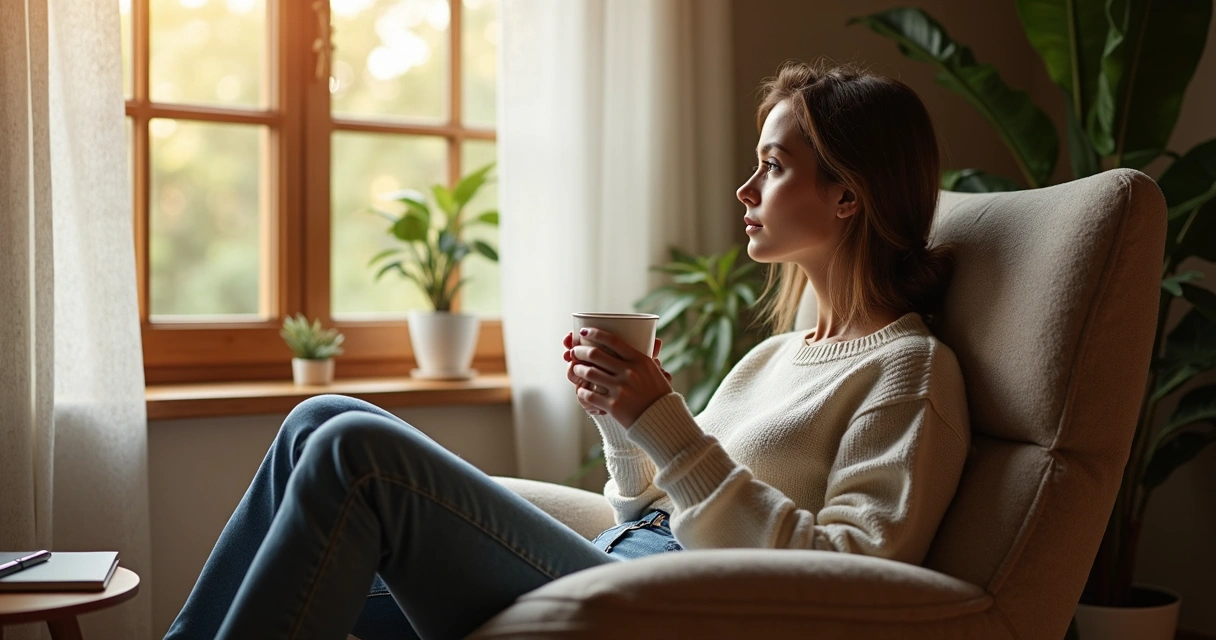 Persona sentada en una silla cerca de una ventana, bebiendo café mientras reflexiona.