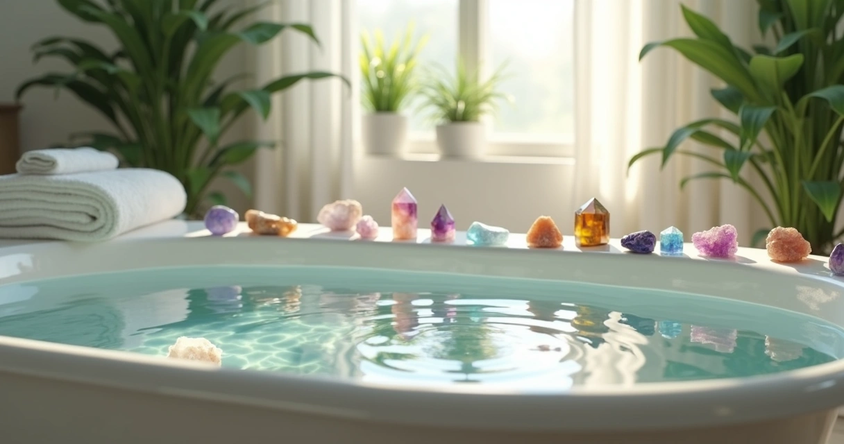 Banheira com cristais coloridos e luz suave, ambiente relaxante 