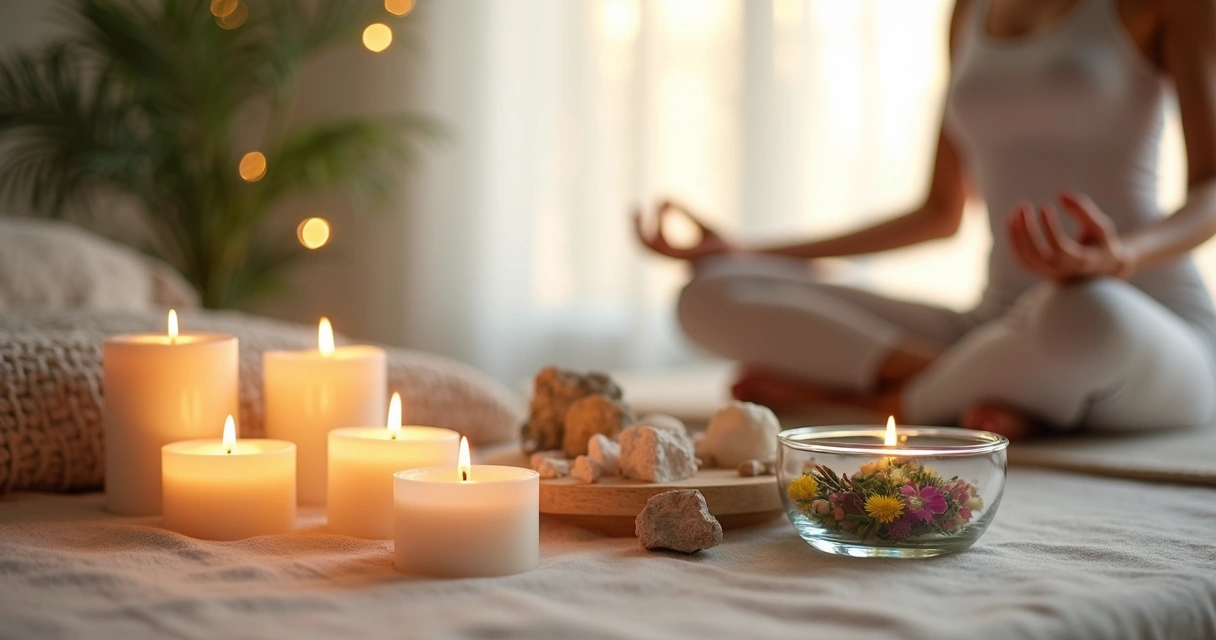 Ambiente com velas e cristais, preparando banho energético e prática de Reiki ao fundo 
