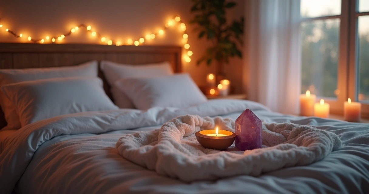 Cama aconchegante com travesseiros, incensos e cristais à luz baixa 