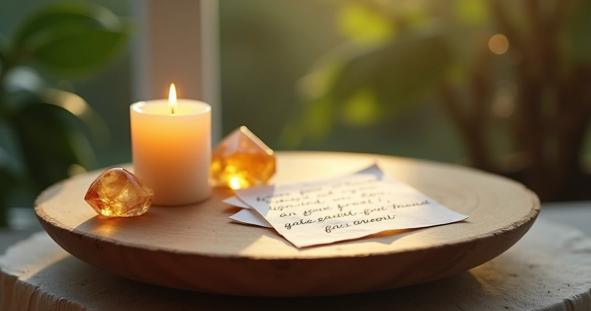 Ritual de renovação com vela acesa, cristais e bilhete 
