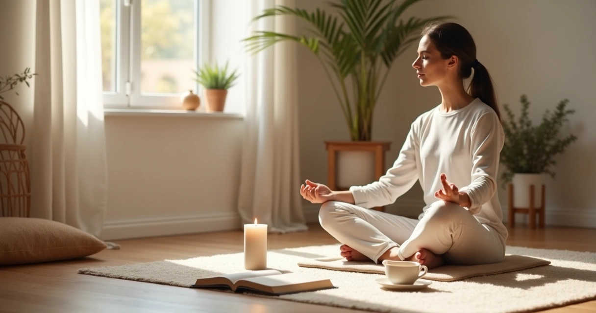 Pessoa sentada em meditação ao lado de uma vela e caderno