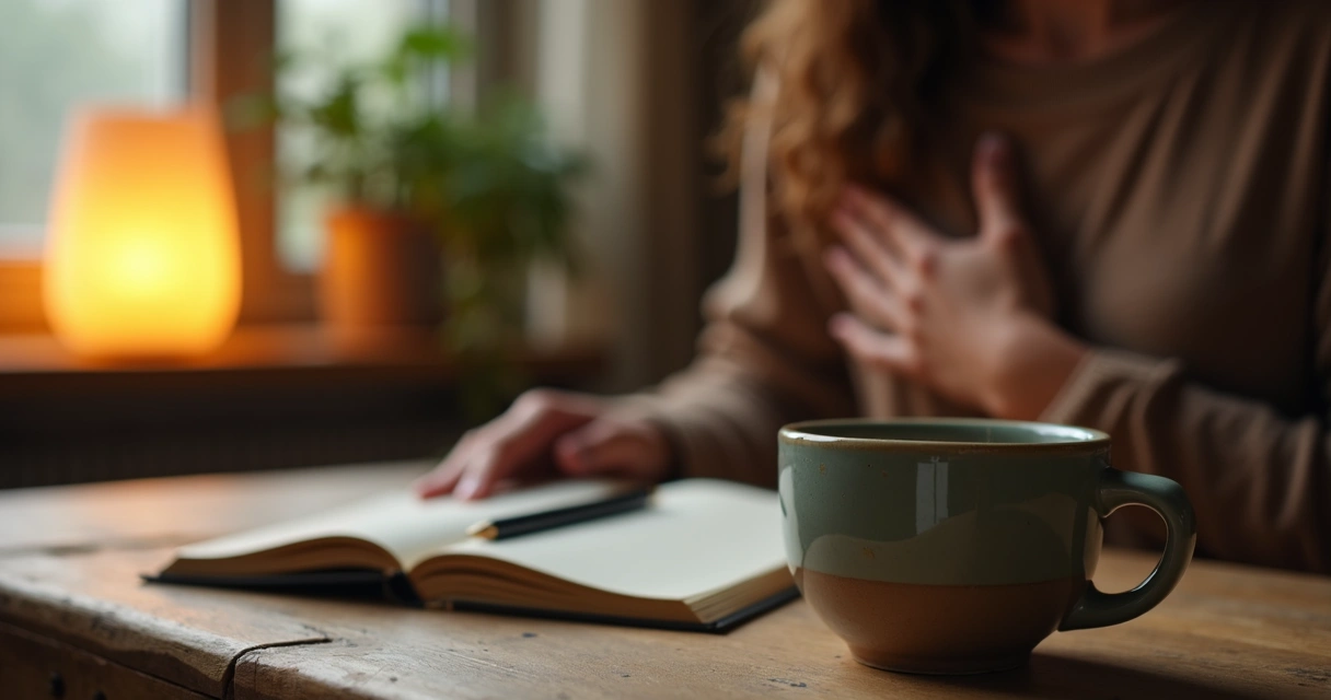 Caderno, chá e luz suave em ritual de presença 