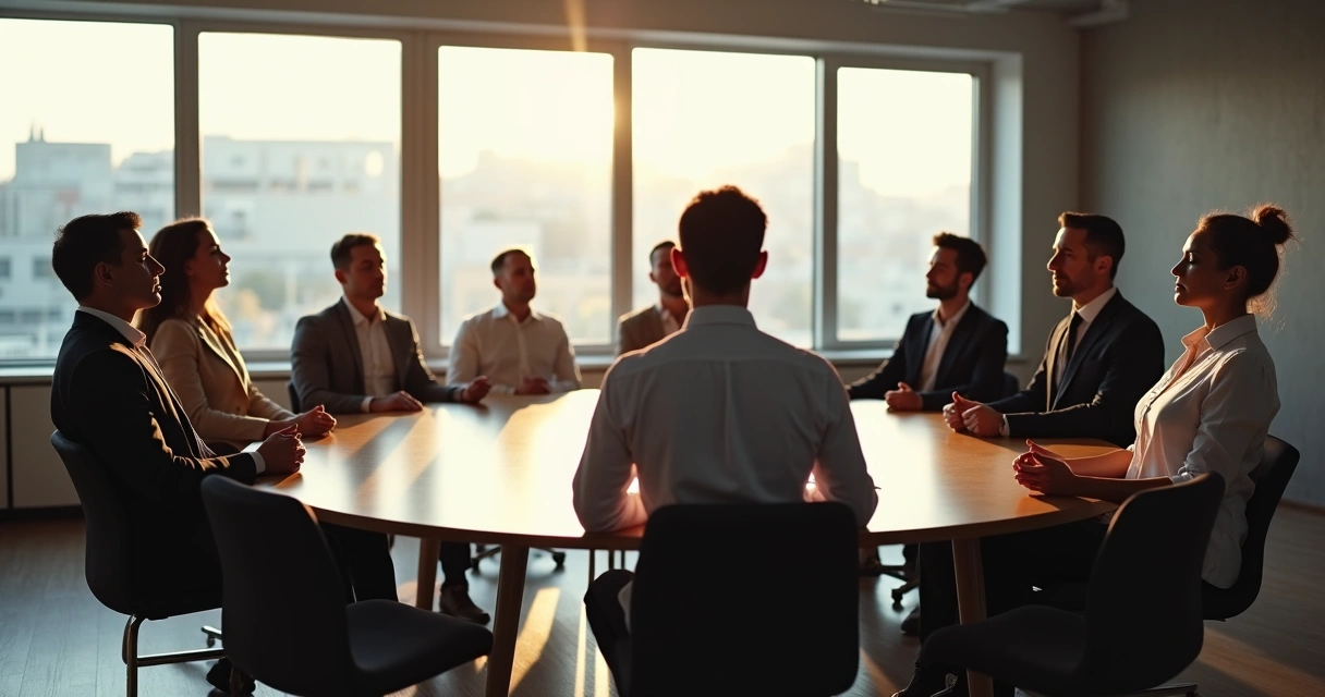 Grupo sentado em círculo, olhos fechados em silêncio no início de uma reunião, ambiente de escritório moderno