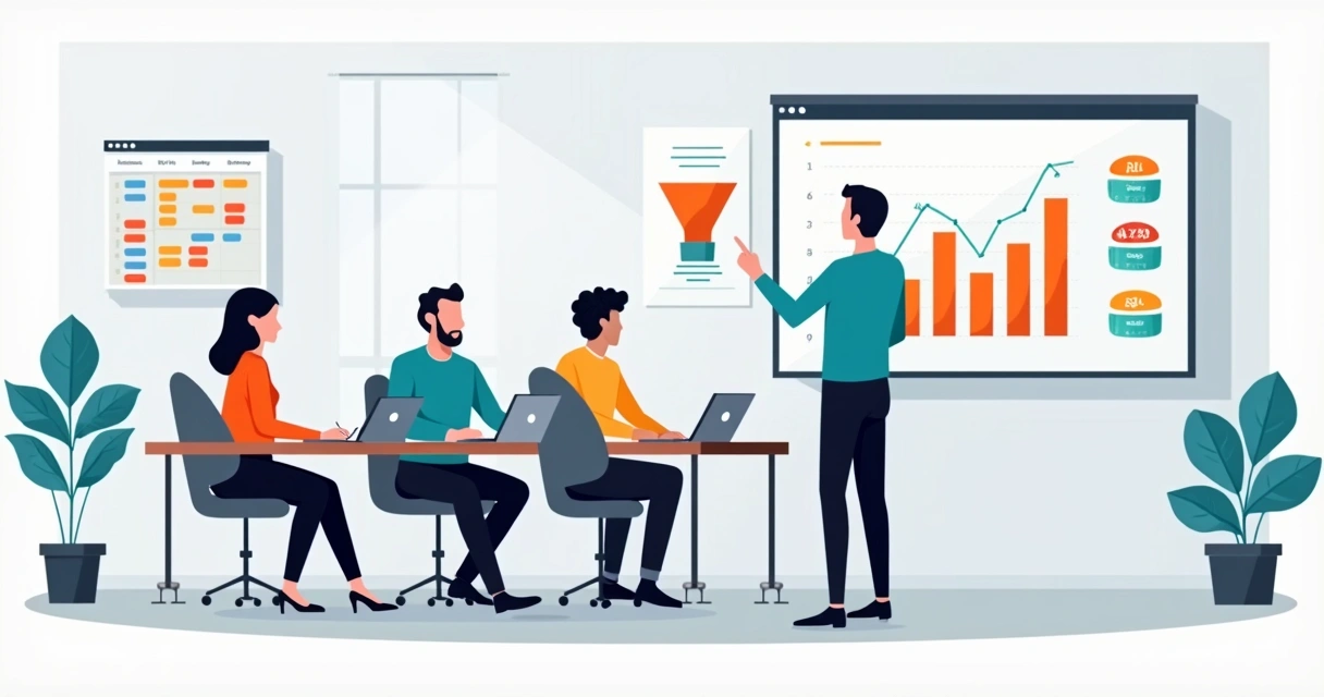 Donos e gestores em reunião de gestão com painel de indicadores 