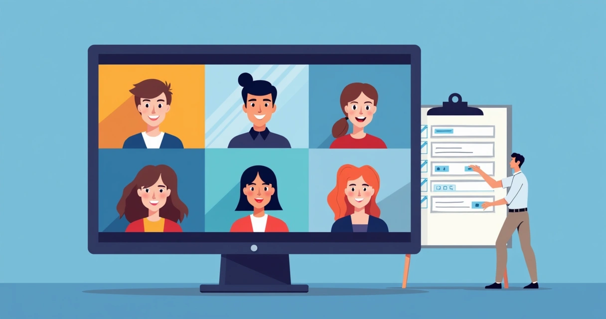 Reunião diária online, todos os participantes atentos à tela, agenda na lateral, gráficos visíveis