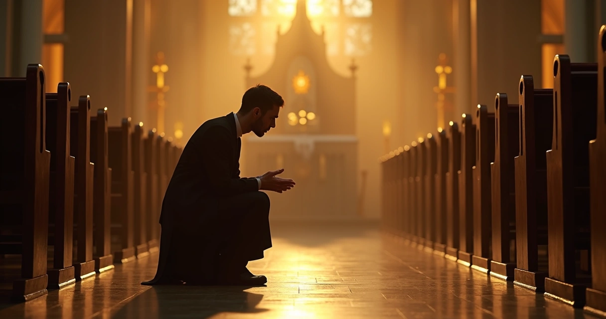 Pessoa ajoelhada fazendo genuflexão diante do ostensório na igreja 