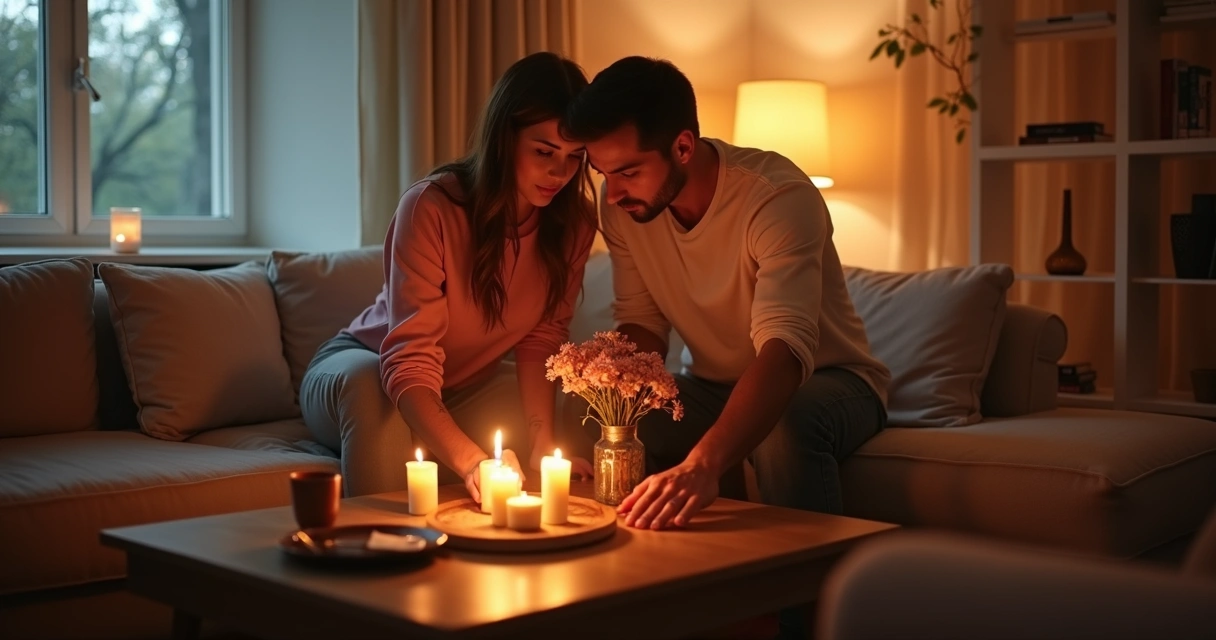 Casal preparando ambiente romântico com velas e flores