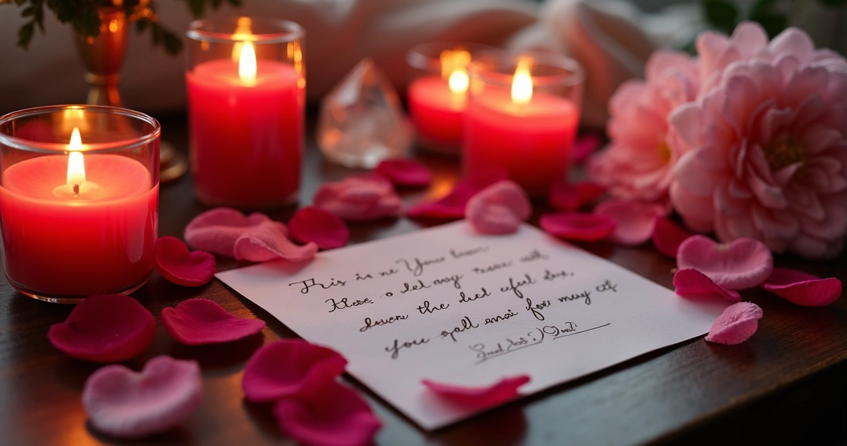 Mesa com velas acesas, pétalas de rosa e um bilhete romântico