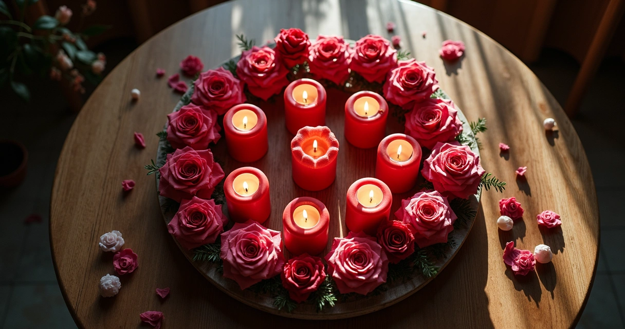 Mesa com velas vermelhas e rosas em círculo, ambiente suave e acolhedor