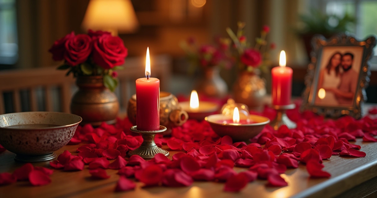 Mesa ritualística com rosas vermelhas, velas e símbolos esotéricos