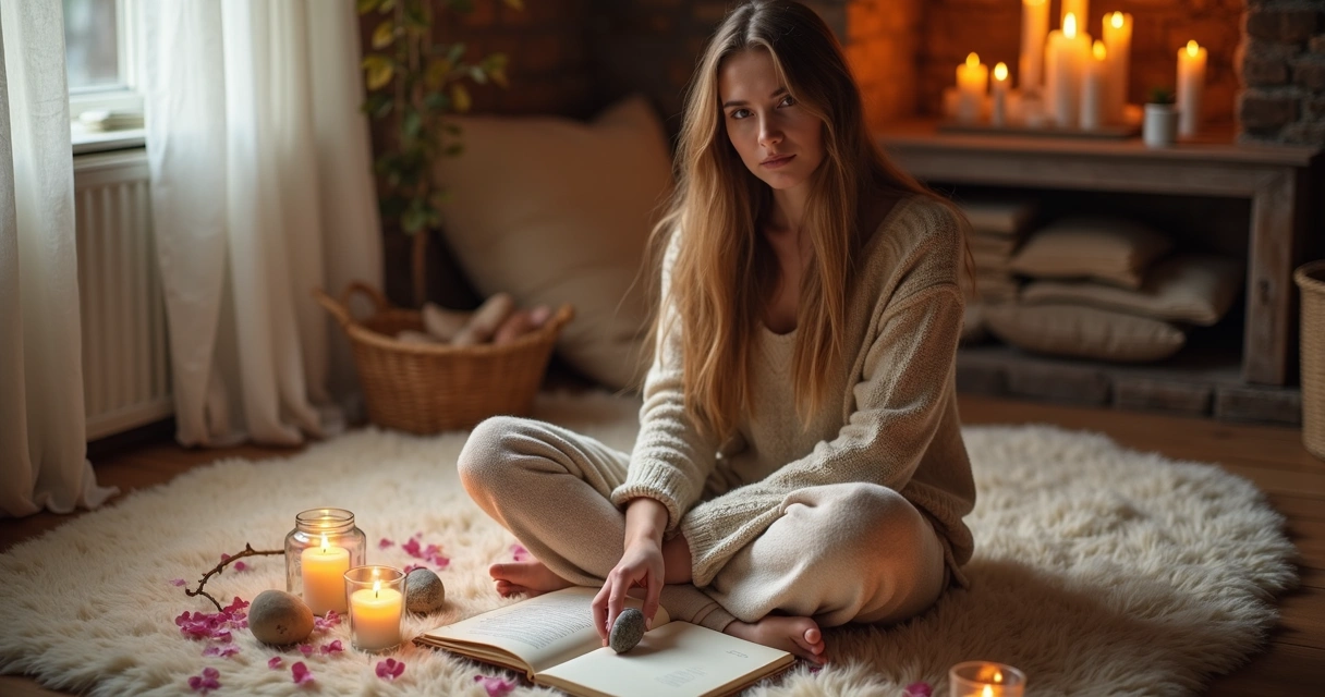 Jovem fazendo um ritual de runas em ambiente acolhedor