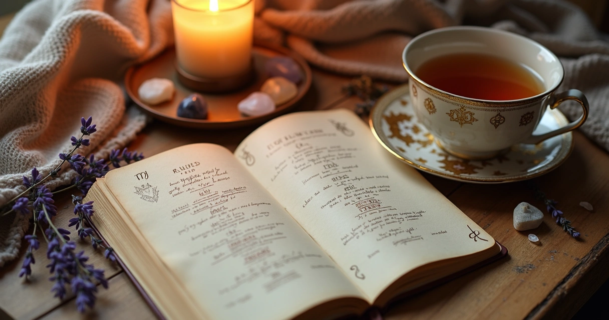 Ritual com runas, vela acesa e papel com anotações 