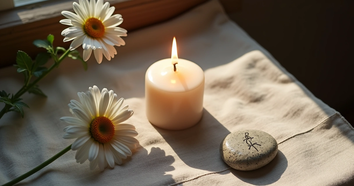 Ritual com runa, vela e flor 