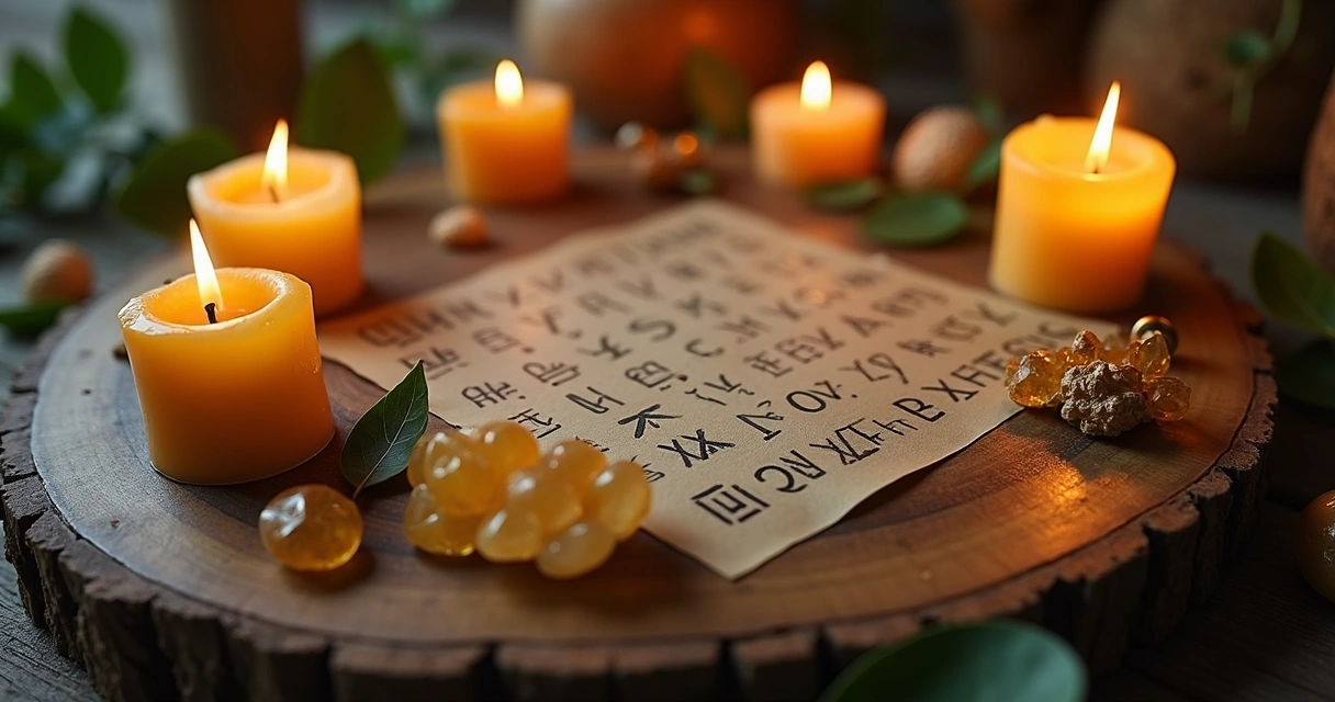 Runas nórdicas com velas e cristais em altar 