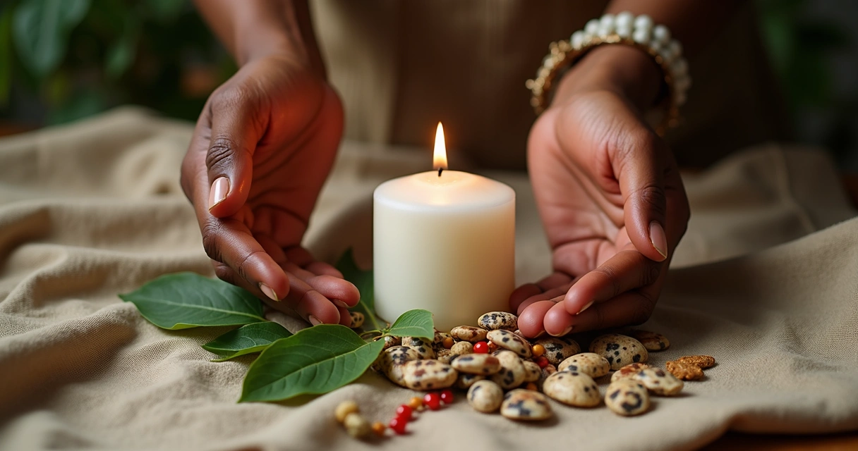 Utensílios ritualísticos usados para saúde e energização, com búzios, vela e ervas 