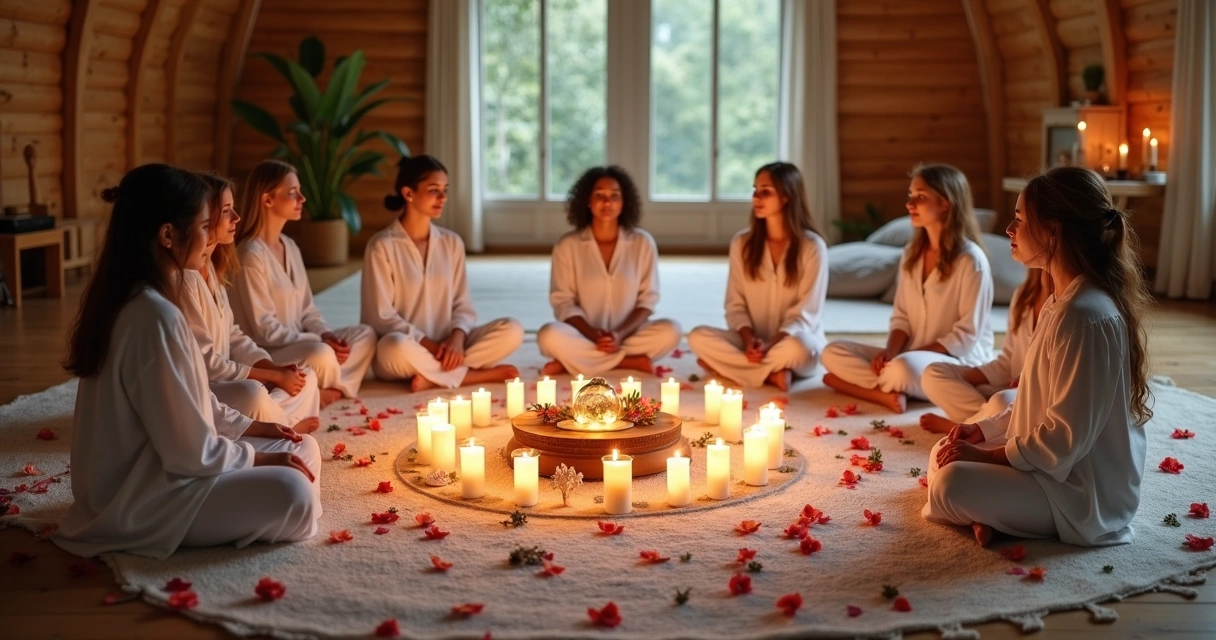 Círculo de velas acesas com mulheres em volta sentadas em meditação 
