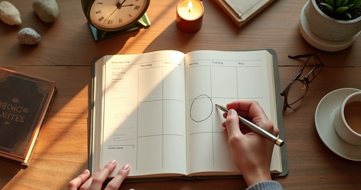 Pessoa marcando ritual semanal em caderno ao lado de objetos simbólicos de autocuidado e reflexão 