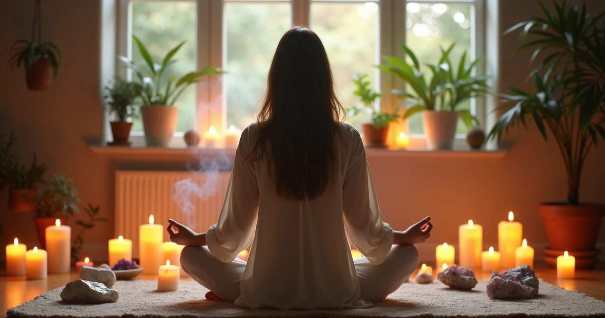 Pessoa em meditação rodeada de velas e cristais em ambiente sereno 