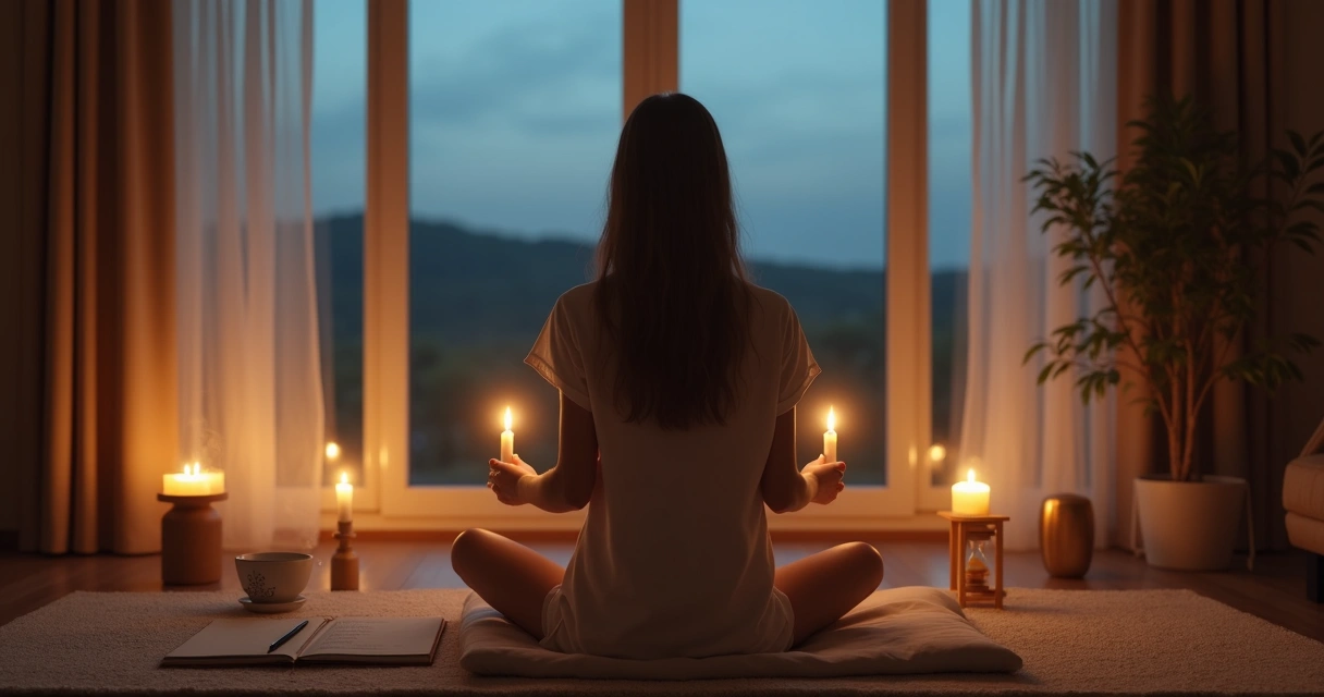 Pessoa em ritual contemplativo segurando vela cercada por símbolos de propósito 