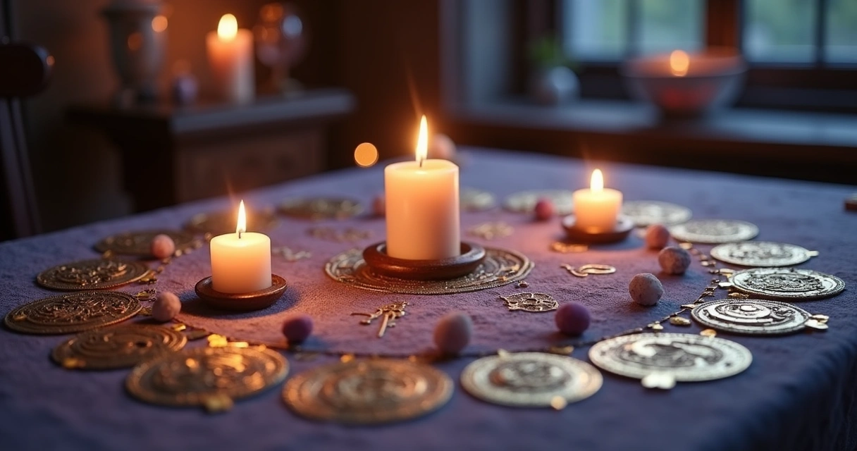 Ritual místico com velas, cristais e símbolos zodiacais 