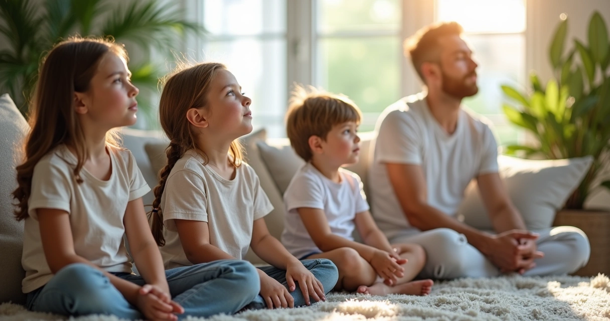 Grupo sentado em silêncio na sala de casa, praticando um ritual coletivo 
