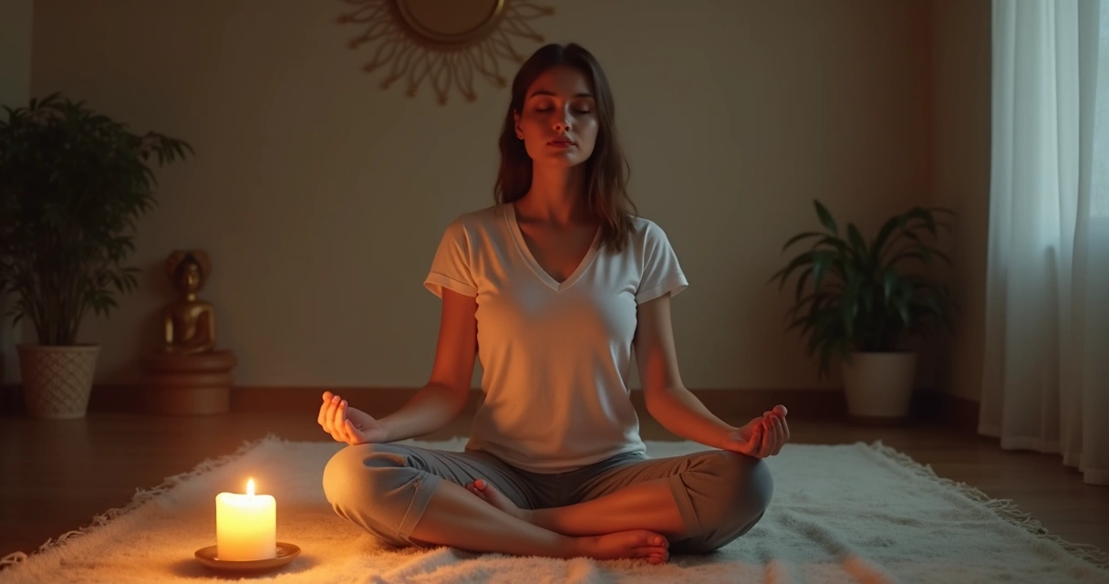 Pessoa sentada meditando em silêncio com vela acesa 