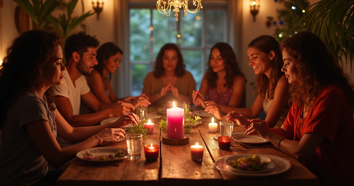 Ritual de simpatia com vela rosa e pessoas unidas em intenção em ambiente mágico e acolhedor.