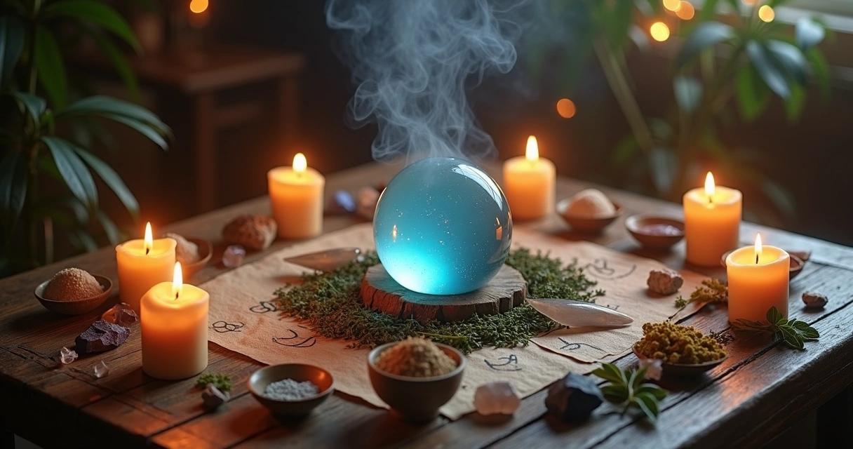 Mesa com elementos de simpatia: velas acesas, cristais, ervas e uma bola de cristal ao centro 