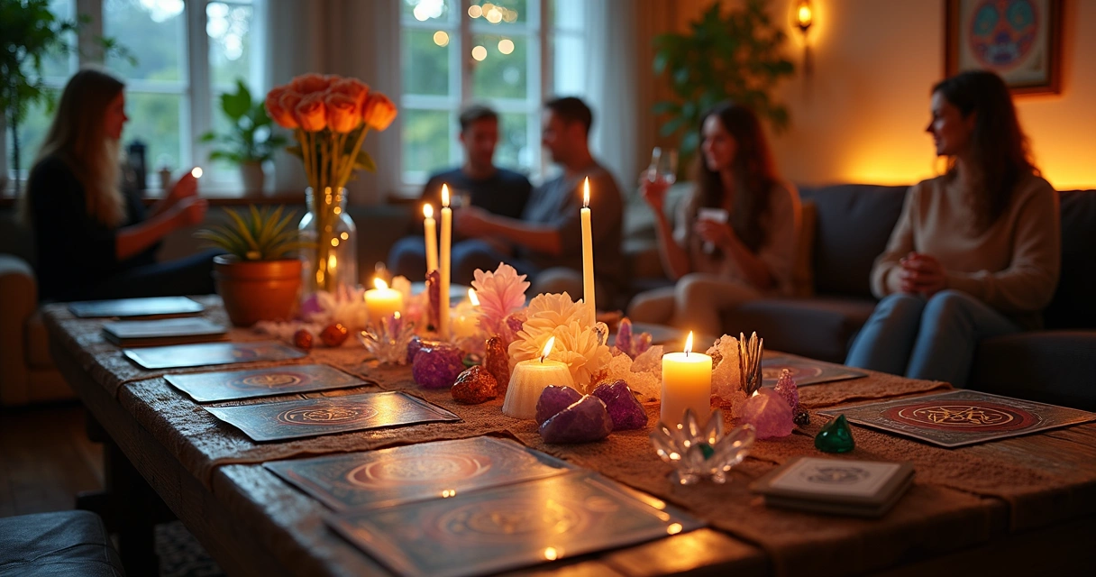 Mesa decorada com cristais, cartas de tarot, flores e velas acesas 