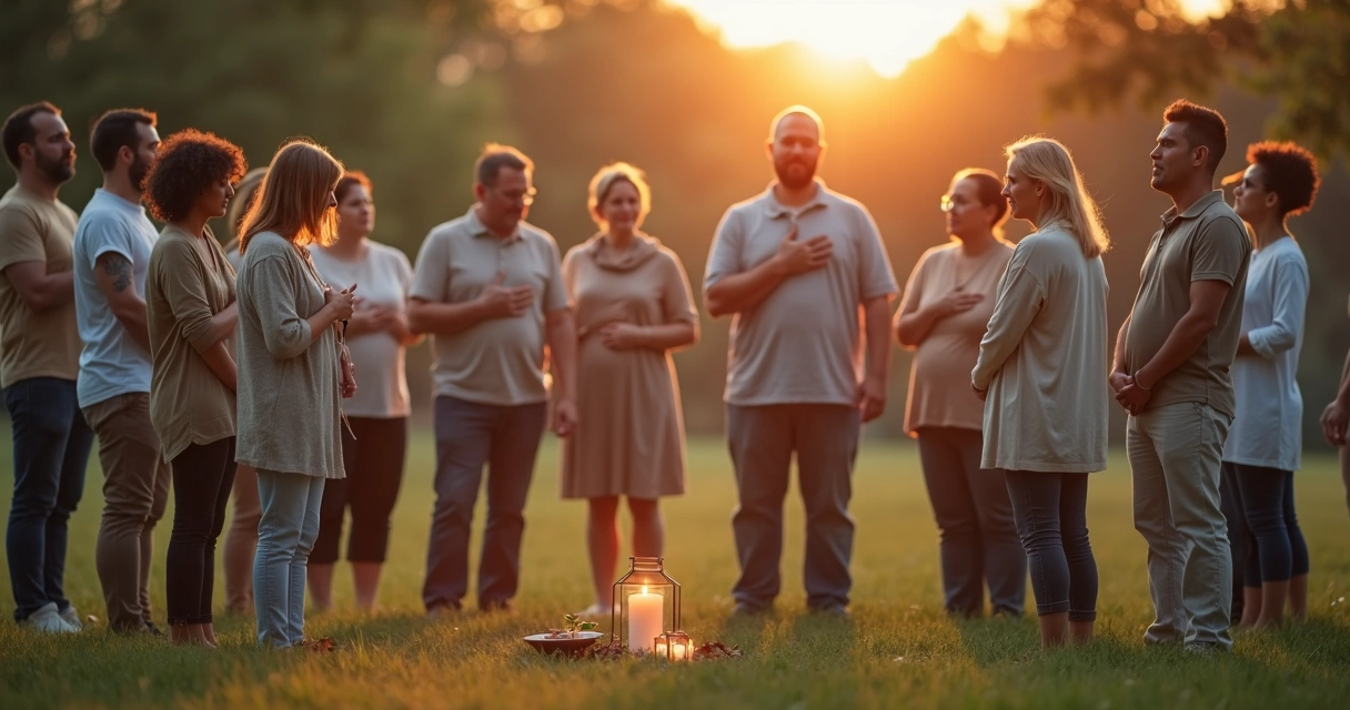 Grupo em círculo realizando ritual social ao ar livre ao pôr do sol 