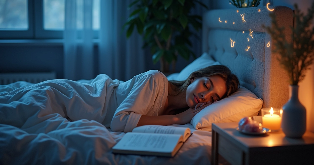 Mulher relaxando na cama à luz suave com símbolos astrológicos e elementos dos quatro signos em volta 