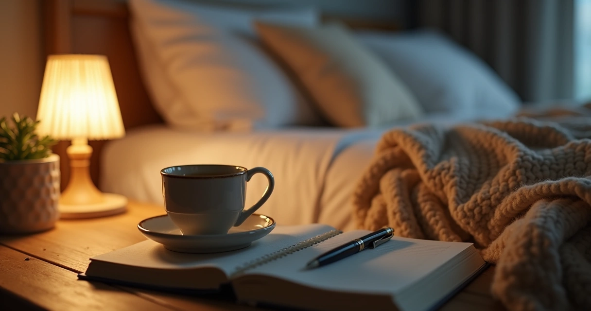 Mesa de cabeceira com chá, caderno e luz baixa em ritual noturno