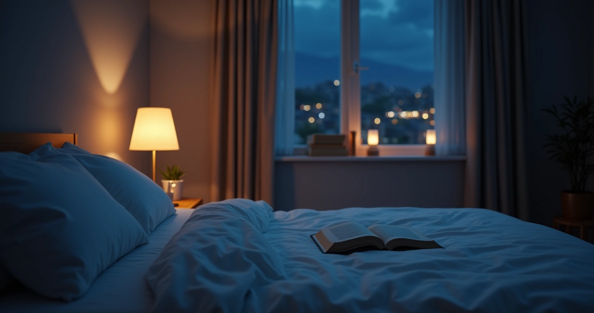 Ambiente de quarto escuro com luz suave acesa ao lado da cama, livro fechado em cima do criado-mudo 