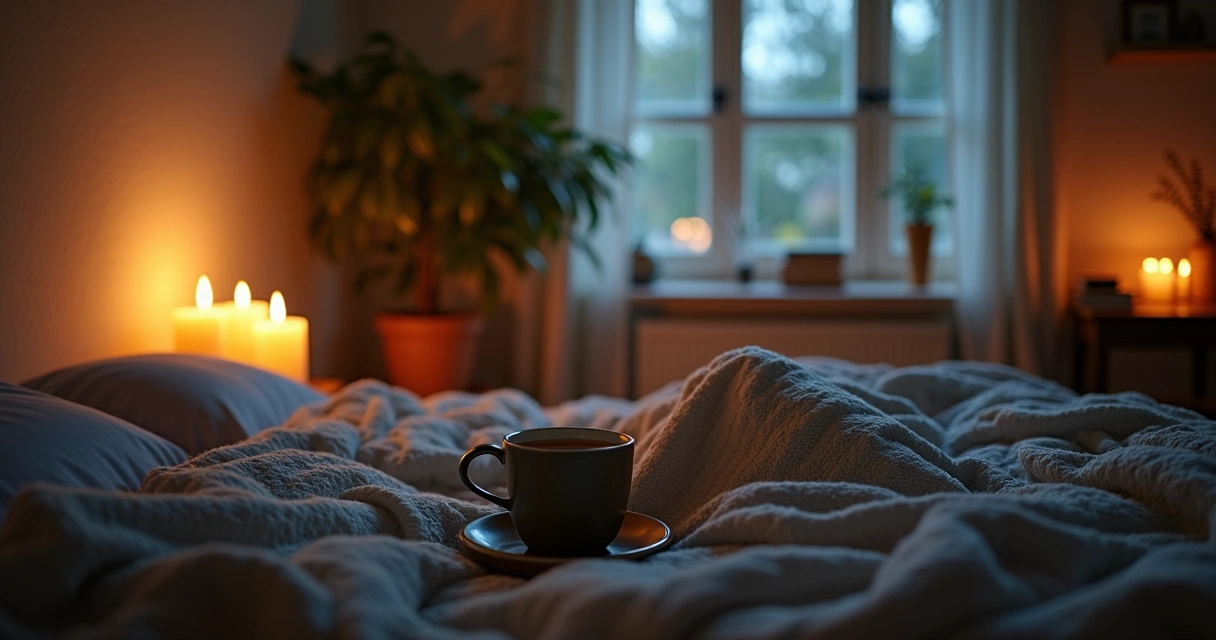 Velas aromáticas acesas ao lado de uma cama, quarto com luz suave e atmosfera relaxante 