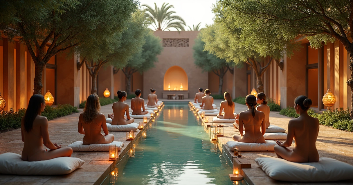 Grupo celebrando ritual de bem-estar em spa com árvores e luz ambiente 