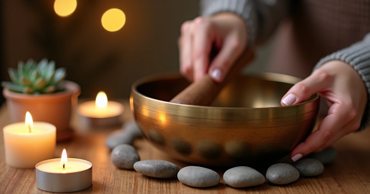 Mão feminina tocando taça tibetana próxima a velas acesas 