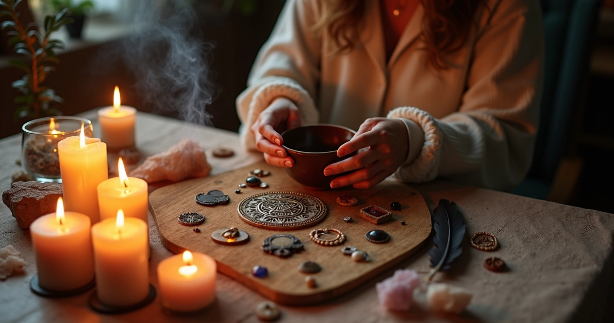 Mulher realizando ritual com talismãs em altar iluminado por velas 