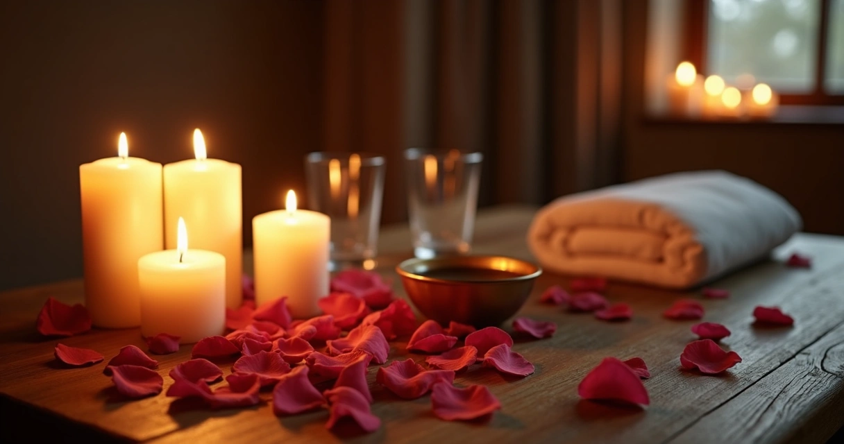 Mesa com velas, pétalas e óleos para ritual tântrico 