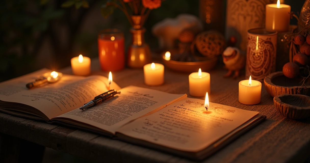 Mesa de tarô com baralho, velas e caderno com anotações 