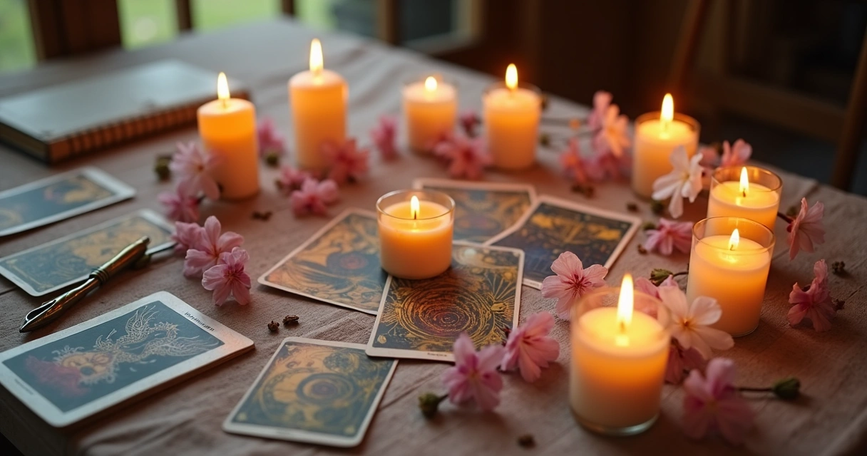 Velas acesas, cartas de tarot e flores dispostas em círculo em mesa clara 