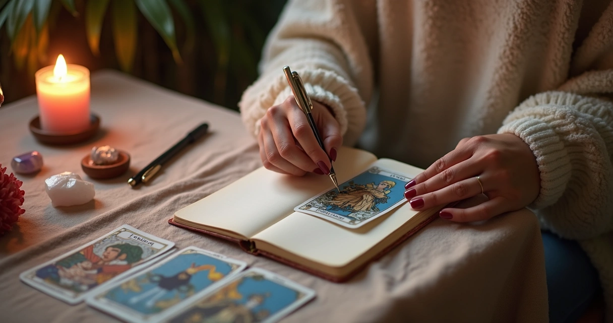 Pessoa fazendo ritual com cartas de Tarot acesa vela e diário 
