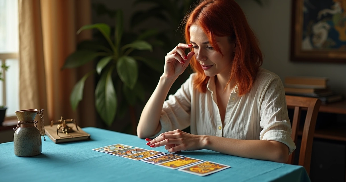 Pessoa em ritual de tarot para confiança antes de entrevista 