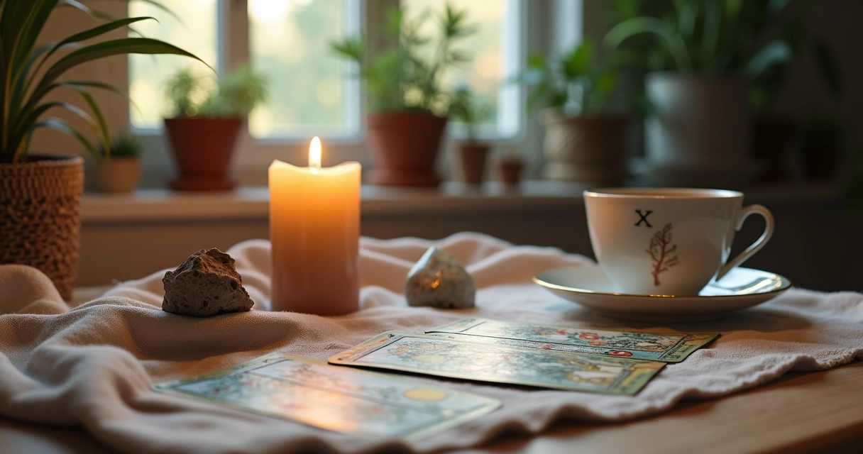 Mesa com cartas de tarot, vela acesa e cristais ao lado de uma janela 