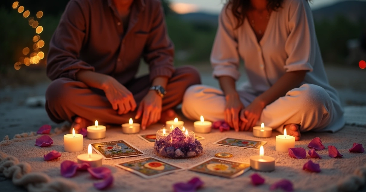 Casal realizando ritual com velas e tarot 