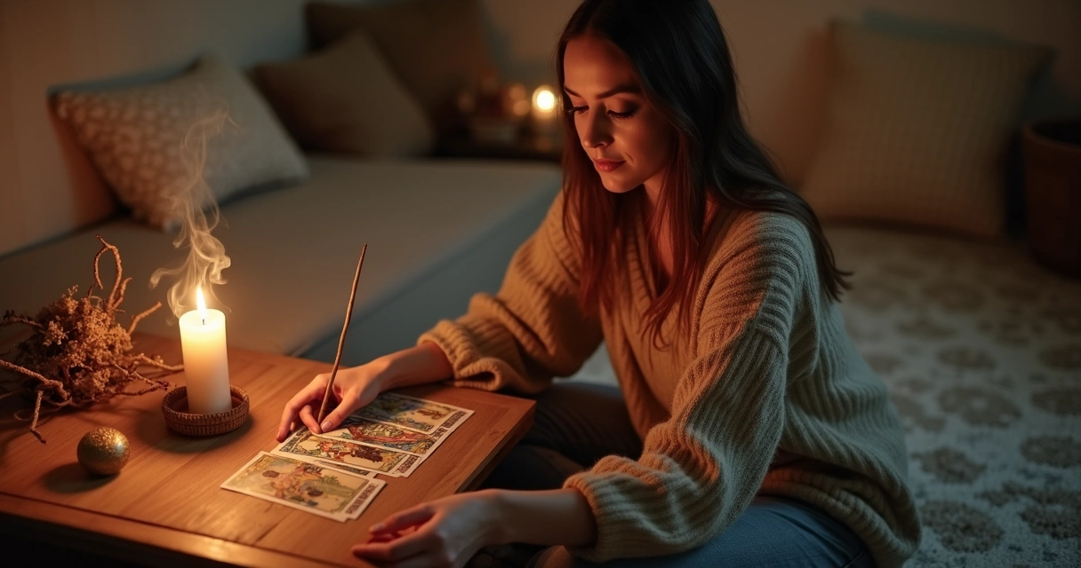 Mesa com baralho de tarot, vela acesa e incenso, ambiente tranquilo 