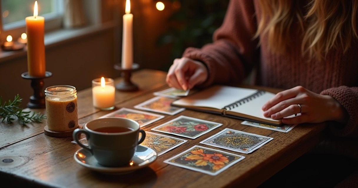Pessoa realizando ritual com cartas de tarot e velas para consulta anual 