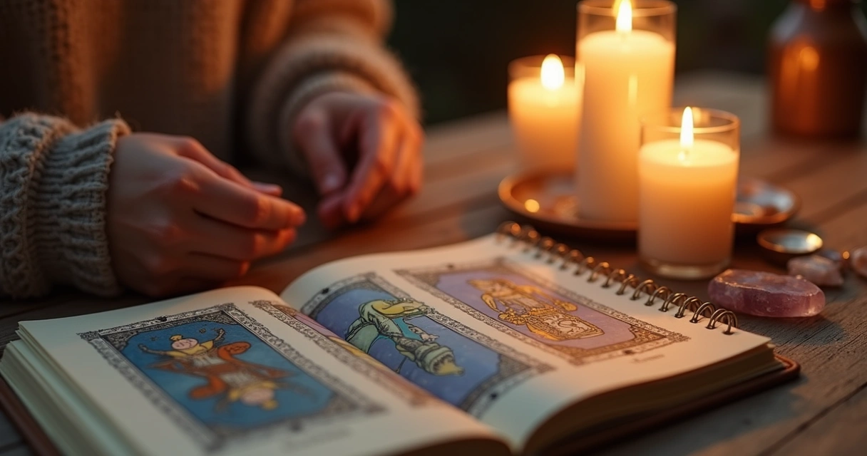 Mesa de tarot preparada para ritual de corte, velas acesas, cartas relacionadas a término expostas.